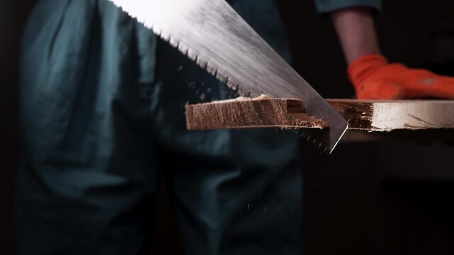 Close up of carpenter sawing wooden plank using hand saw in workshop