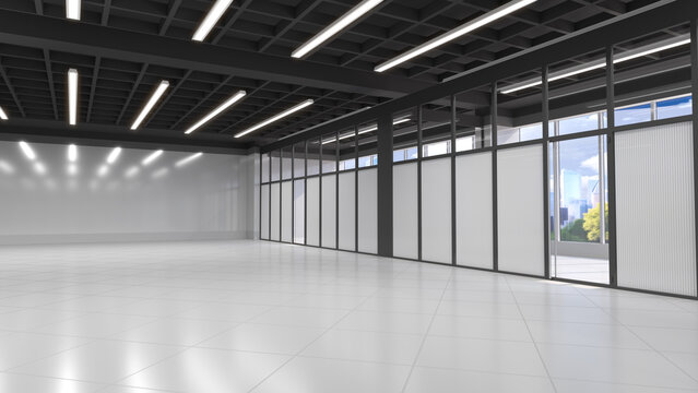 Large empty commercial hall with a glass wall, light floor and lighting on black ceiling. 3d illustration