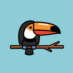 Fototapeta premium A charming cartoon toucan with a prominent orange and black beak sits on a brown tree branch against a serene light blue background.