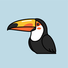 Fototapeta premium Cartoon toucan with a large colorful beak and black body on a light blue background.