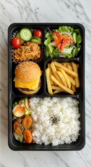 Delicious Bento Box with Burger, Rice, and Fresh Vegetables