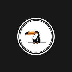 Fototapeta premium Cartoon toucan with orange beak inside a white circle on a black background.