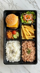 Healthy gourmet Japanese cuisine featuring fresh salmon sushi and a delicious dish of rice with grilled vegetables served on a white dinner plate for a nutritious meal