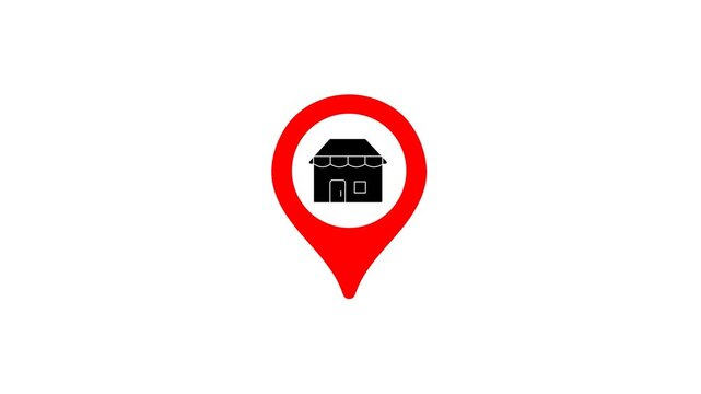 Animated red map pin icon featuring a storefront symbol for retail store directories shopping center navigation and local business positioning on white background.