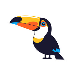 Fototapeta premium A vibrant cartoon toucan with a large colorful beak and blue eyes, standing on a white background.