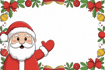 Festive Christmas border with Santa Claus holding heart surrounded by holly, bells, ornaments, ribbons, and poinsettias for holiday greeting cards and seasonal decorations