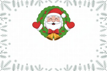 Cheerful Santa Claus with a festive Christmas wreath wea a red hat and bow surrounded by snowflakes and winter elements perfect for holiday greeting cards