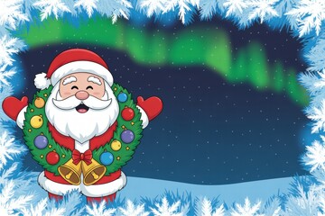 Festive Santa Claus Character with Holiday Decorations Standing Outdoors Under the Northern Lights with Pine Tree Branches and Snowy Night Sky Scene