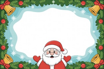 Festive Christmas greeting card with cartoon Santa Claus surrounded by holly, bells, and snowflakes, perfect for holiday wishes and seasonal celebrations
