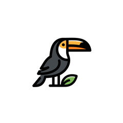Fototapeta premium Stylized cartoon illustration of a toucan bird with a large orange beak perched on a green leaf.
