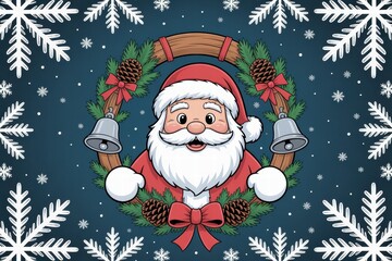 Festive Christmas Santa Claus with Holiday Wreath and Bells Amid Snowflakes Winter Season Celebration Greeting Card Design