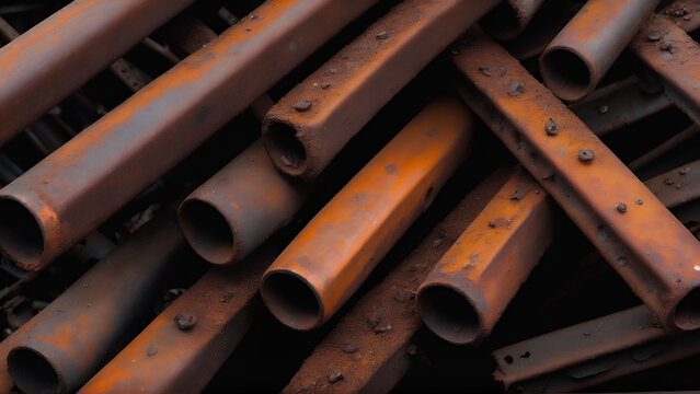Rusty metal pipes close-up stacked texture