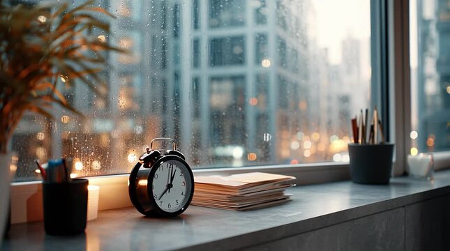 Wecker auf Fensterbank mit Blick auf Stadt bei Regen