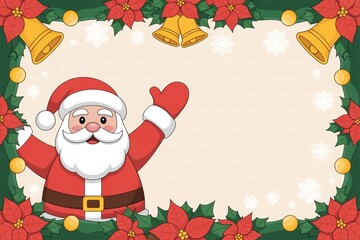 Festive Christmas background with cheerful Santa Claus holding a heart surrounded by holiday decorations for seasonal greeting cards and celebrations
