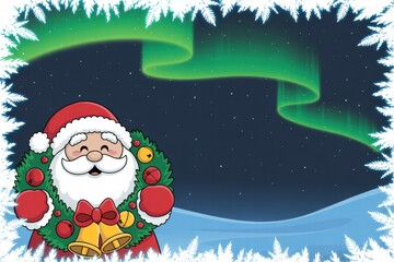 Festive Santa Claus with Christmas Wreath Under Northern Lights Cheerfully Celebrating Holiday Season in Winter Wonderland Scene
