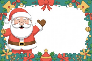 Festive Christmas border with Santa Claus smiling waving surrounded by holly poinsettias and ornaments for holiday greeting cards and seasonal decorations