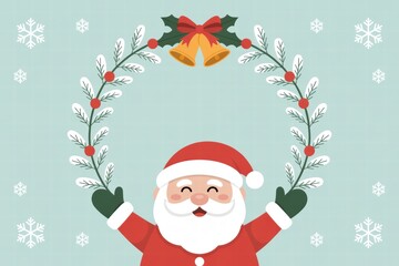 Festive Santa Claus Character with Christmas Wreath, Holly Berries, and Snowflakes on Light Blue Background for Holiday Celebrations and Winter Greetings