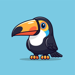 Obraz premium Cute cartoon toucan with a large orange and black beak and colorful markings on a light blue background.