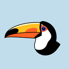 Obraz premium A stylized cartoon illustration of a toucan's head with a large yellow and orange beak, black head, white chest, and blue eye on a light blue background.