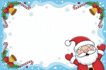 Festive Christmas Border Frame with Santa Claus Holly Bells Candy Canes Snowflakes and Holiday Decorations for Winter Holiday Greeting Cards and Celebrations