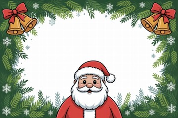 Festive Christmas border with green pine branches golden bells red bows cartoon Santa Claus cheerful holiday decoration background
