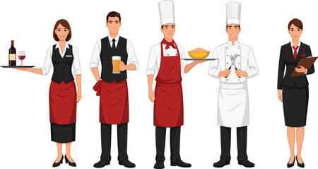 Professional restaurant staff team including waiters chefs and manager standing together, hospitality service cartoon vector illustration