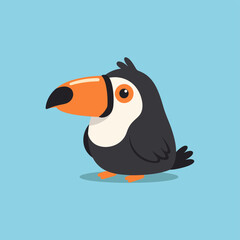Obraz premium Cute cartoon toucan bird with a large orange beak on a light blue background.
