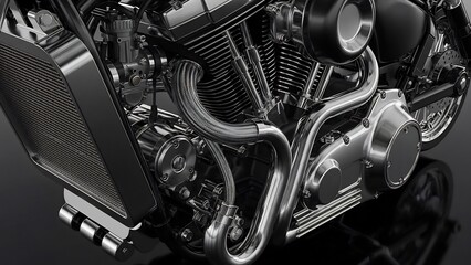 Fototapeta premium バイクのエンジン、クロムメッキの輝きとメカニカルな美しさ。精密な構造、工業デザイン、ディテールにこだわったスタイリッシュなイメージ。