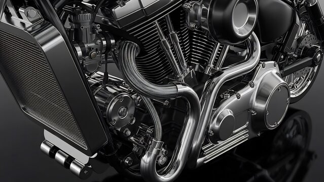 バイクのエンジン、クロムメッキの輝きとメカニカルな美しさ。精密な構造、工業デザイン、ディテールにこだわったスタイリッシュなイメージ。