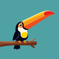 Obraz premium A vibrant cartoon illustration of a toucan with a large orange and red beak perched on a brown branch against a teal background.