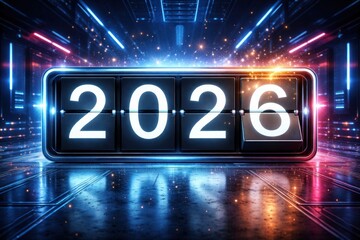  A futuristic digital flip counter transitioning from 2025 to 2026 in a neon-lit high-tech environment, symbolizing innovation, time, and the future.