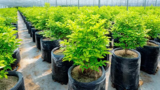 Medium shot of young saplings thriving in durable plastic pots arranged in neat rows highlighting efficient containerized tree production in a controlled nursery environment