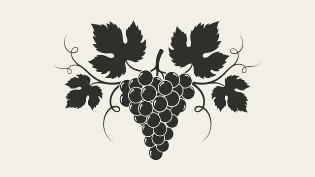Elegant black silhouette of grape cluster with detailed leaves and vines forming a sophisticated