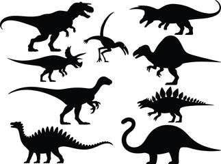 Nine Black Dinosaur Silhouettes on White Background
