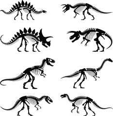 Seven black dinosaur skeletons in various poses on white background