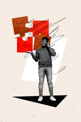 Trend artwork banner sketch 3D photo collage of jigsaw puzzle piece connect combine solution young...