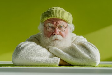 Senior man in cozy attire stretches on yoga mat in green setting, promoting active aging, wellness, and healthy lifestyle for seniors
