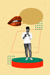 Zine pop image banner 3d photo collage of minded man hold phone receive chat bubble notification...