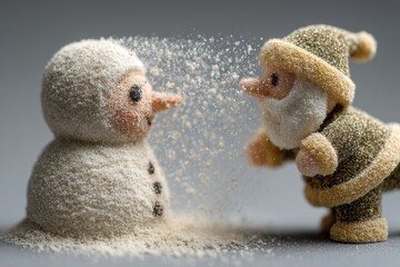 Miniature sand snowman and elf figurines with snow-like coating, facing each other as sand particles fly, evoking playful winter holiday creativity