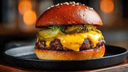 Juicy cheeseburger with pickles and fresh greens