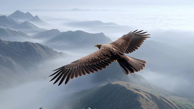 Adler im Flug &uuml;ber nebliger Berglandschaft