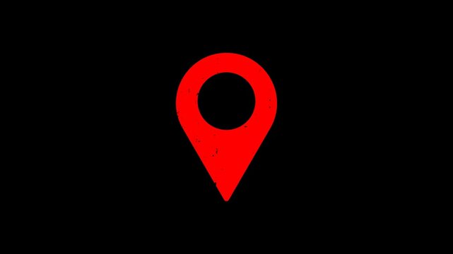 Animated red map location pin icon with a distressed grunge texture for vintage travel maps navigation apps on a black background for video projects.
