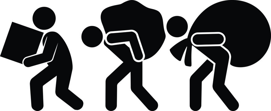 An illustration showing three stick figures carrying progressively heavier burdens and weights