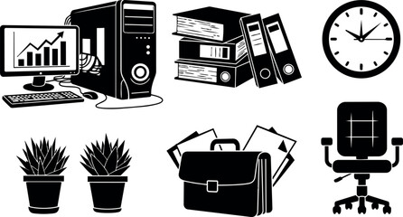 Black silhouette office equipment set with desktop computer binders clock plants briefcase and swivel chair icons