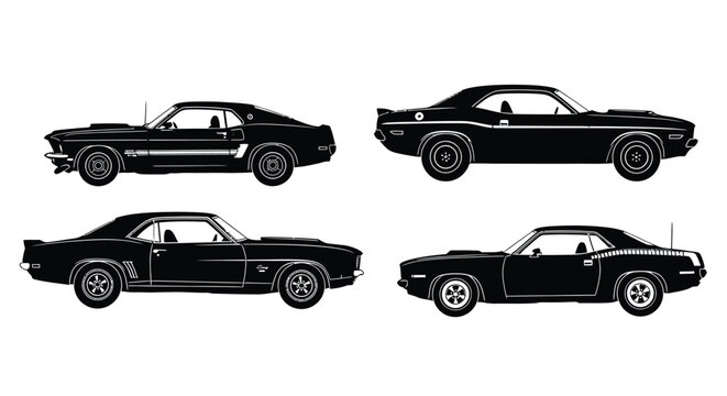 Classic american muscle car silhouettes a detailed black and white illustration