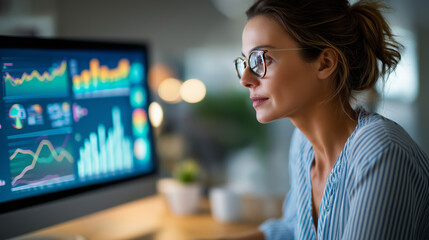 Data science with faceless analyst examining charts and graphs analyzing trends and patterns in data sets, data visualizations representing analysis and interpretation of data, wit