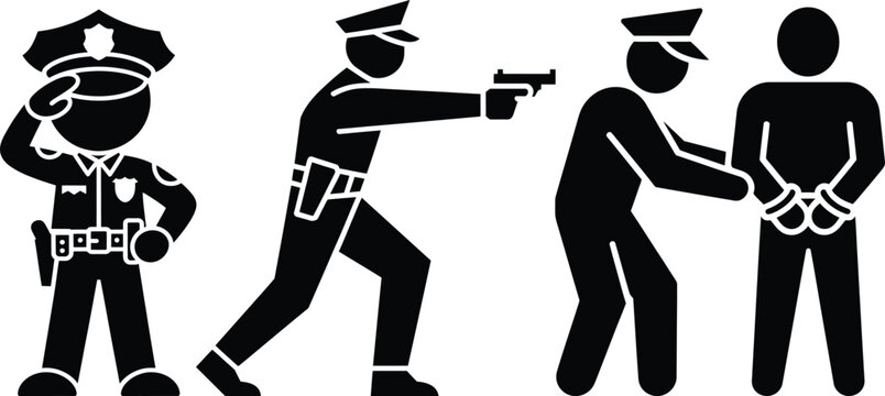 Police officer actions including salute, confrontation, and arrest pictogram set