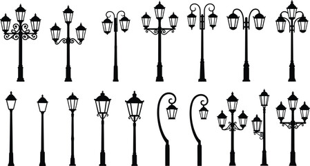 Vintage street lamp silhouettes and antique black park lantern post vector icons isolated on a clean white background collection