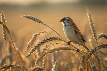Wild Bird on Wheat Ear Sunset Glow