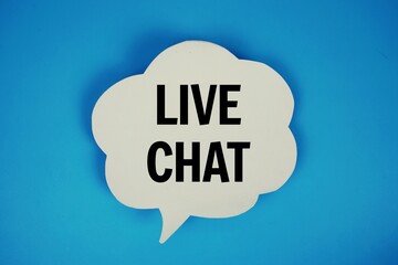 Live Chat text with speech bubble top view on blue background